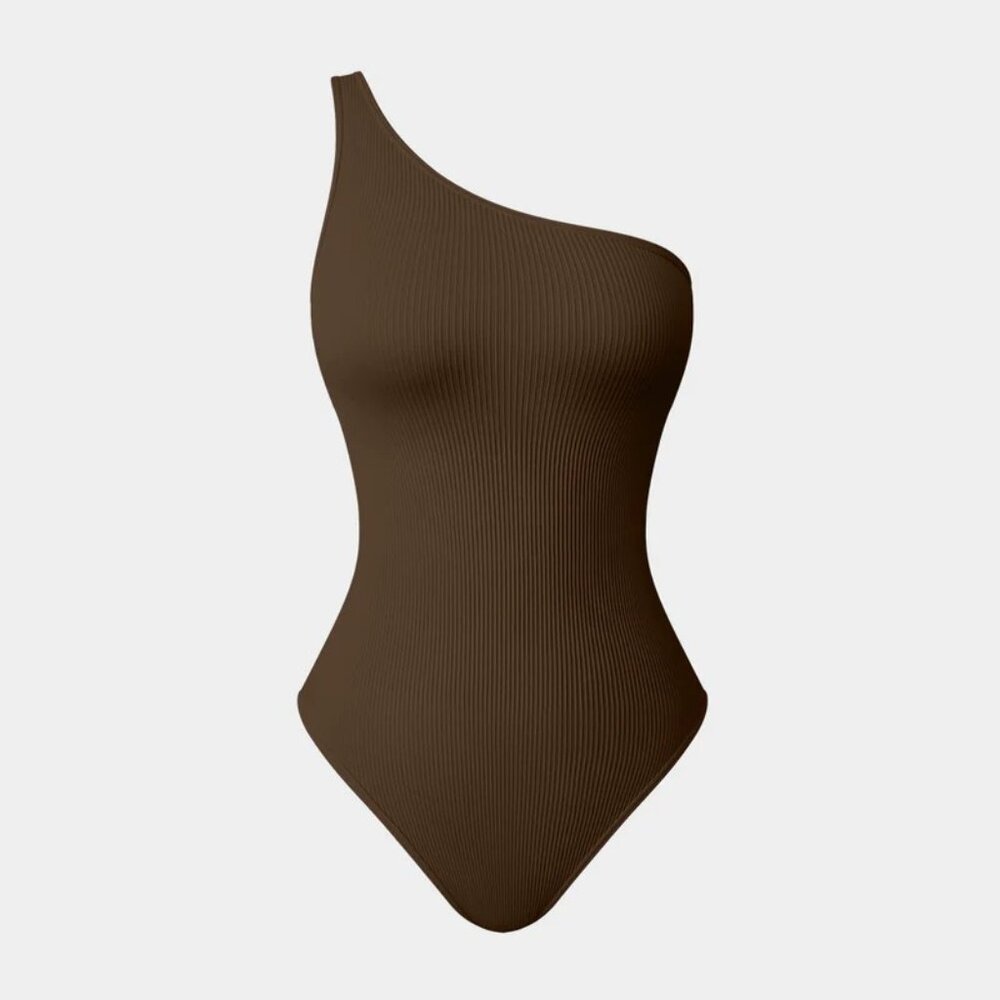 OQQ Brown One Shoulder Bodysuit Size Small Ribbed Stretchy Nylon Spandex